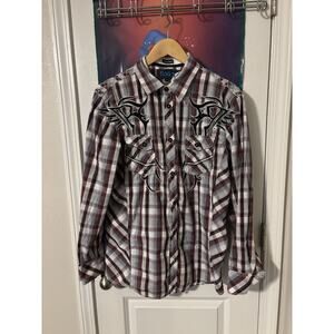 Roar Signature Shirt Mens L Red Black Plaid Embroidered Discord Western Cowboy